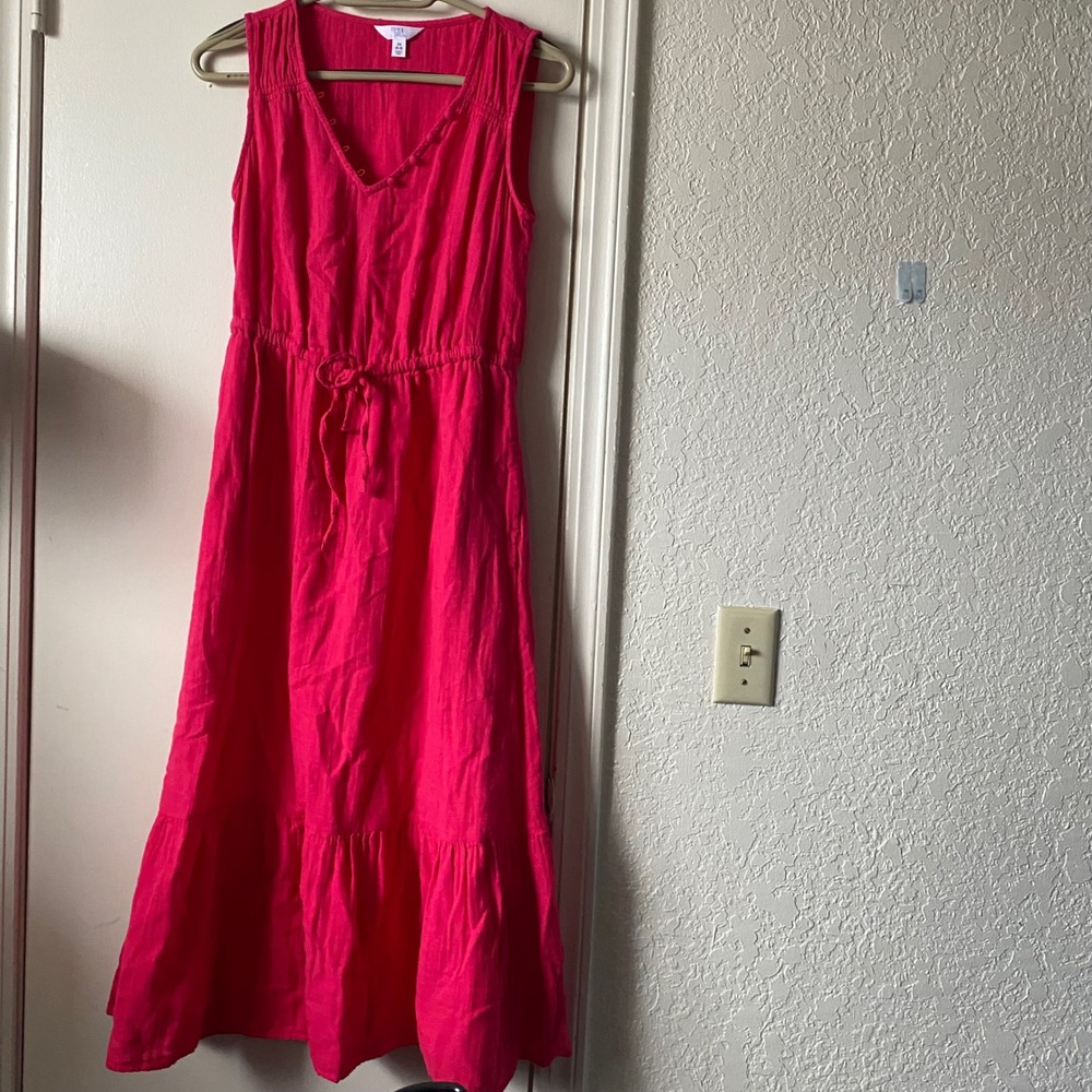 Time and Tru Womens Pink Sleeveless V-Neck Tiered Midi Dress XS 0-2 Drawstring